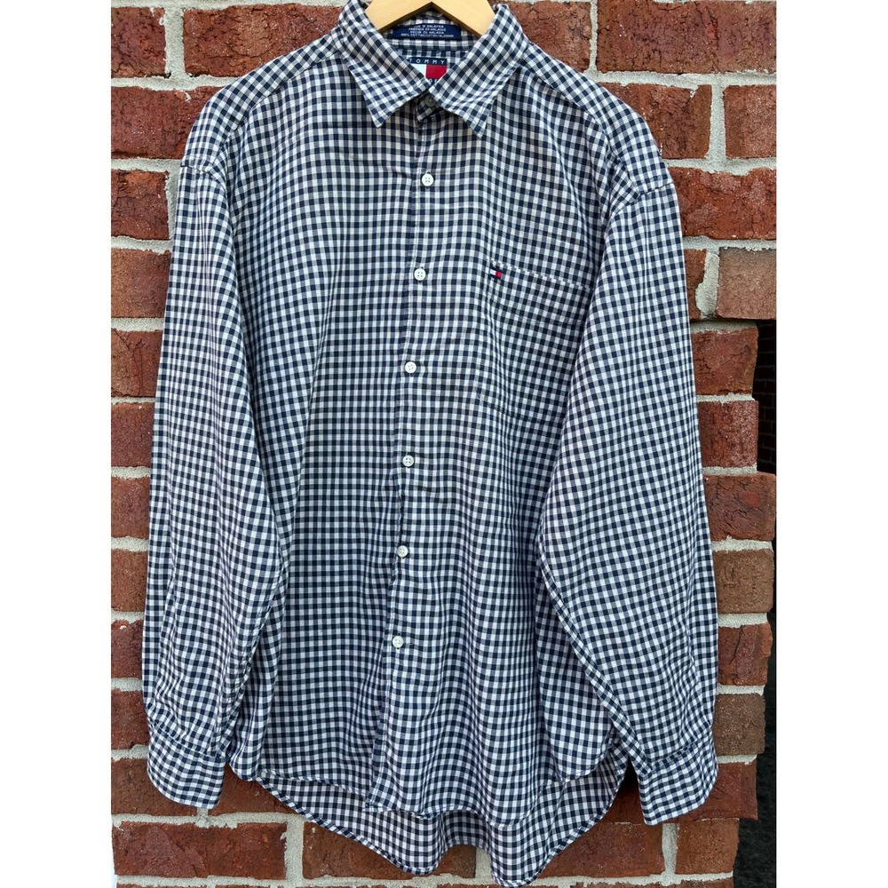 Tommy Hilfiger Mens Large Navy Blue Gingham Check Cotton Button Down Shirt L